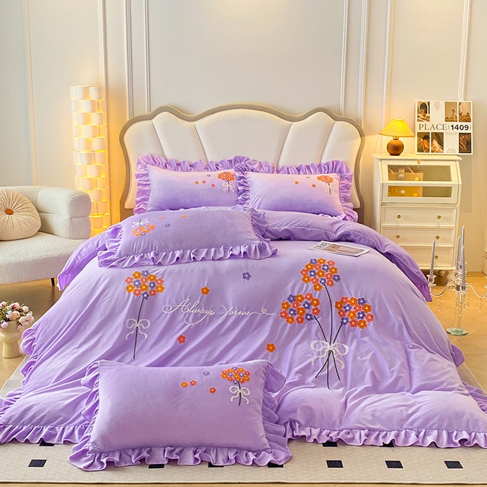 91家纺网 家纺一手货源 找家纺 唐人居 2025新款水晶绒毛巾绣四件套--幸福花开系列 幸福花开-紫色