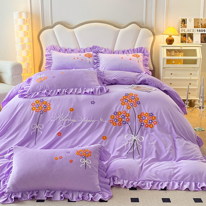 91家纺网 家纺一手货源 找家纺 唐人居 2025新款水晶绒毛巾绣四件套--幸福花开系列 幸福花开-紫色