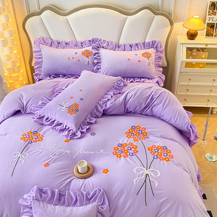 91家纺网 家纺一手货源 找家纺 唐人居 2025新款水晶绒毛巾绣四件套--幸福花开系列 幸福花开-紫色