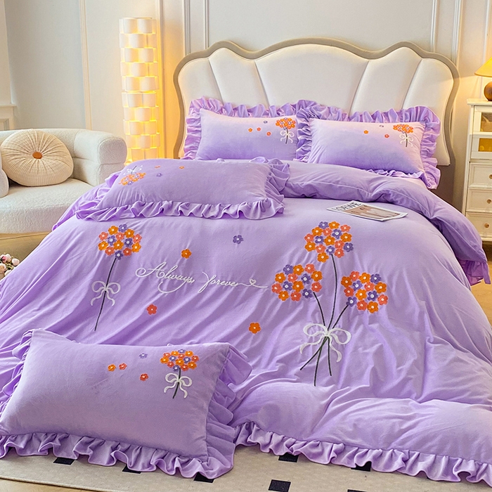 91家纺网 家纺一手货源 找家纺 唐人居 2025新款水晶绒毛巾绣四件套--幸福花开系列 幸福花开-紫色