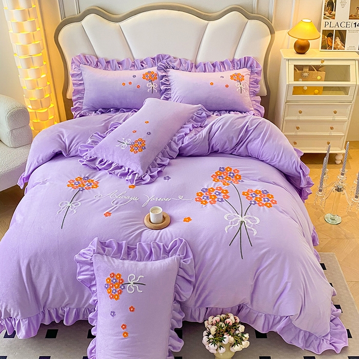 91家纺网 家纺一手货源 找家纺 唐人居 2025新款水晶绒毛巾绣四件套--幸福花开系列 幸福花开-紫色