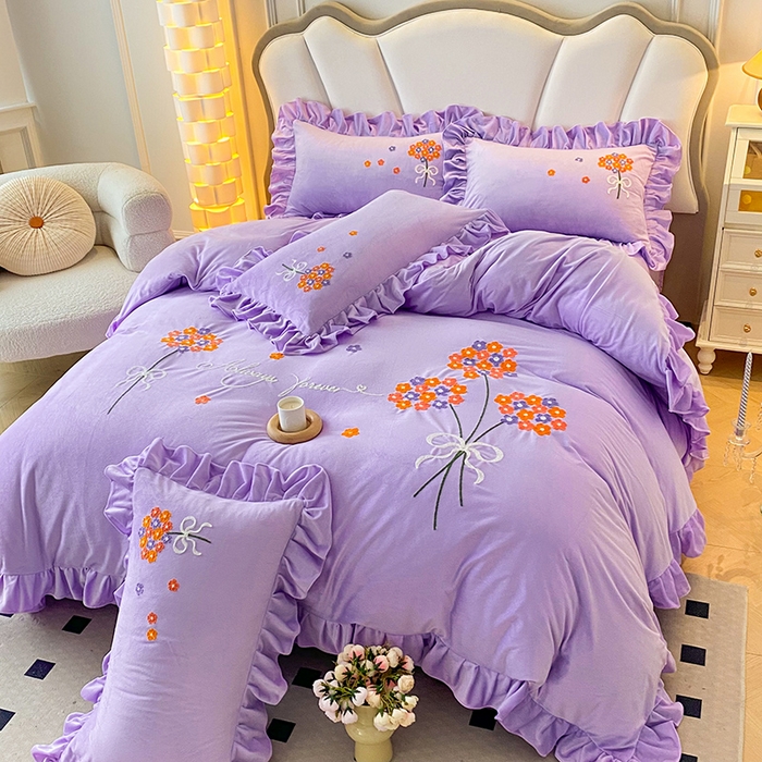 91家纺网 家纺一手货源 找家纺 唐人居 2025新款水晶绒毛巾绣四件套--幸福花开系列 幸福花开-紫色