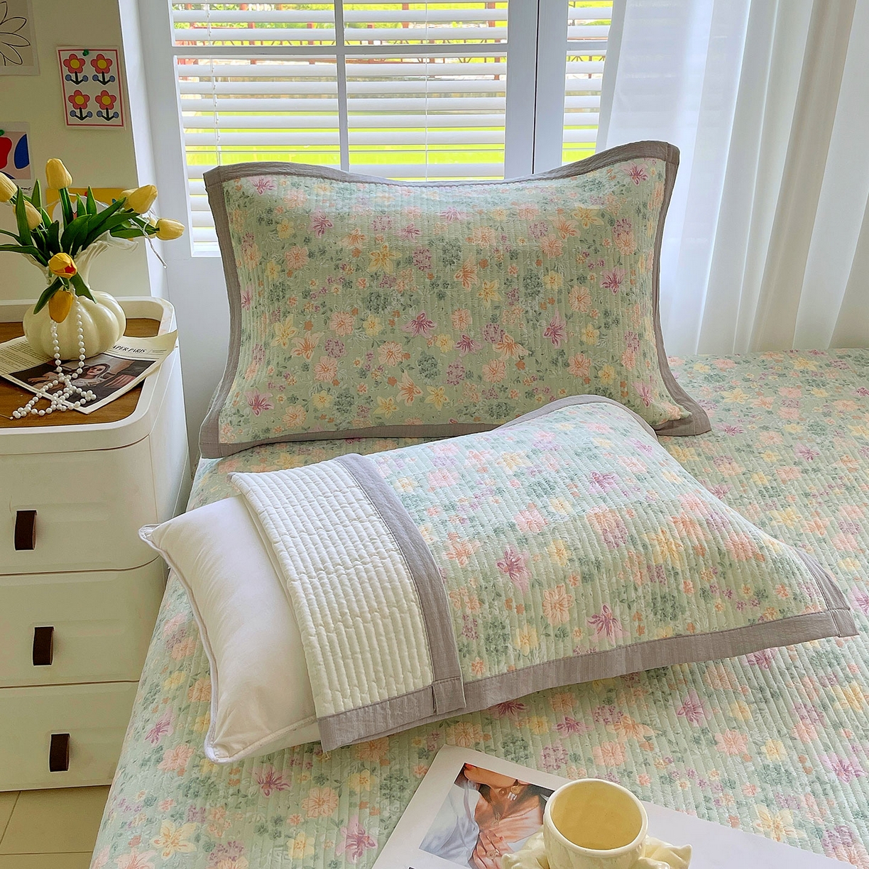 91家纺网 家纺一手货源 找家纺 雨彤家纺 2025新款A类双层纱夹棉单人枕巾 浅若花落