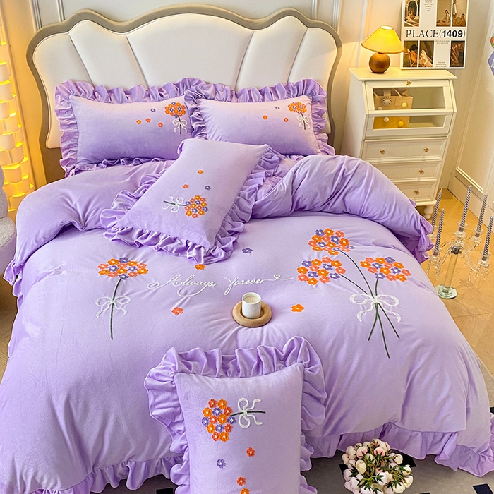 91家纺网 家纺一手货源 找家纺 唐人居 2025新款水晶绒毛巾绣四件套--幸福花开系列 幸福花开-紫色