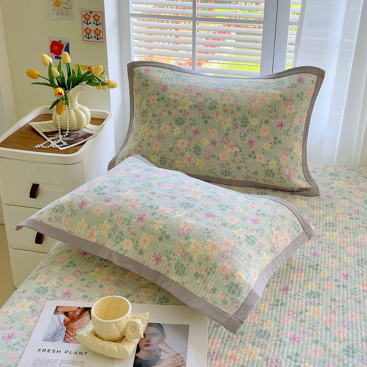 91家纺网 家纺一手货源 找家纺 雨彤家纺 2025新款A类双层纱夹棉单人枕巾 浅若花落