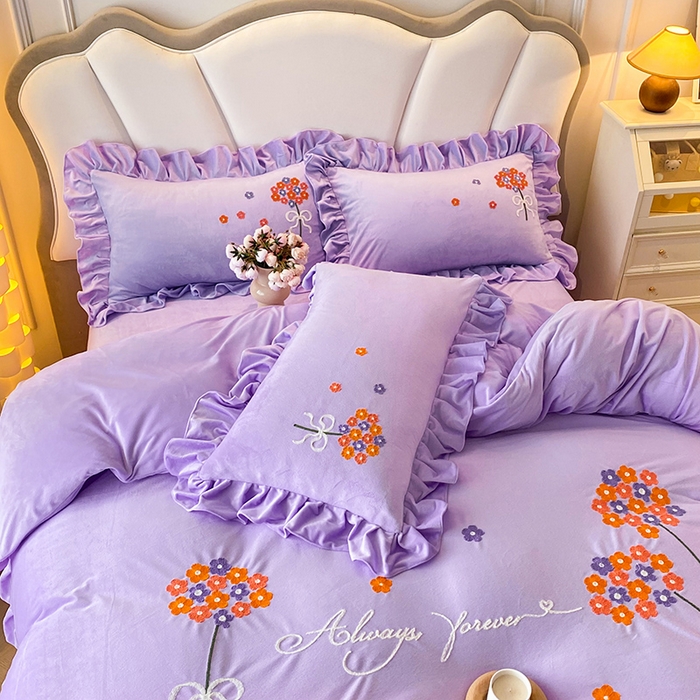 91家纺网 家纺一手货源 找家纺 唐人居 2025新款水晶绒毛巾绣四件套--幸福花开系列 幸福花开-紫色