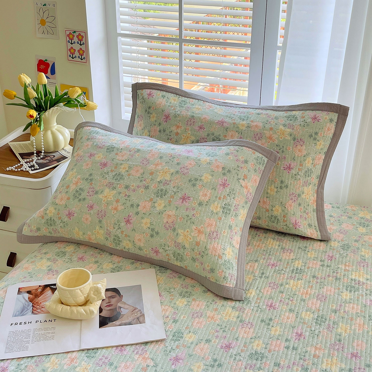 91家纺网 家纺一手货源 找家纺 雨彤家纺 2025新款A类双层纱夹棉单人枕巾 浅若花落