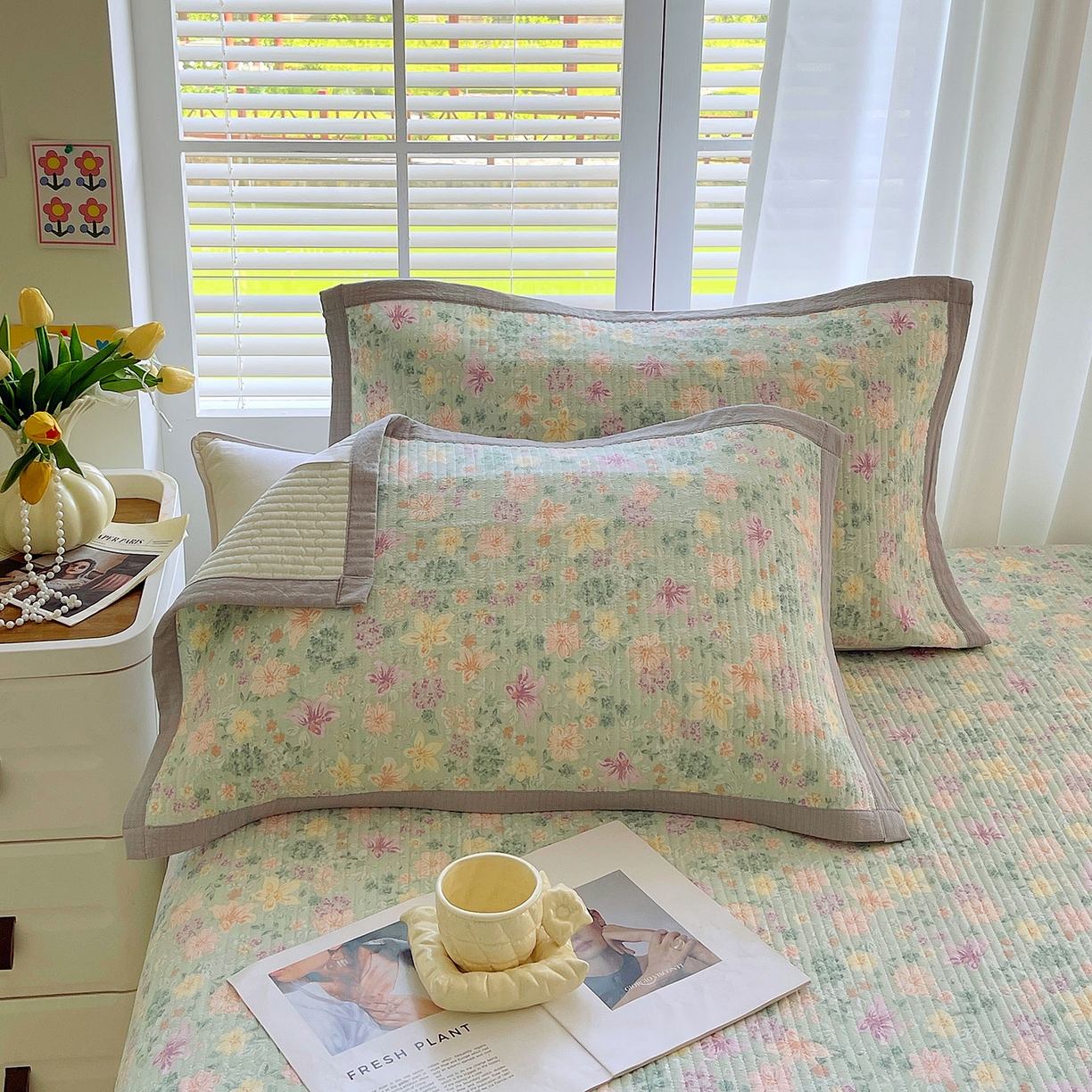 91家纺网 家纺一手货源 找家纺 雨彤家纺 2025新款A类双层纱夹棉单人枕巾 浅若花落