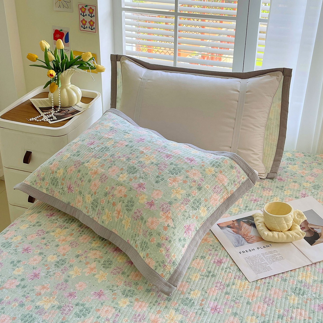 91家纺网 家纺一手货源 找家纺 雨彤家纺 2025新款A类双层纱夹棉单人枕巾 浅若花落