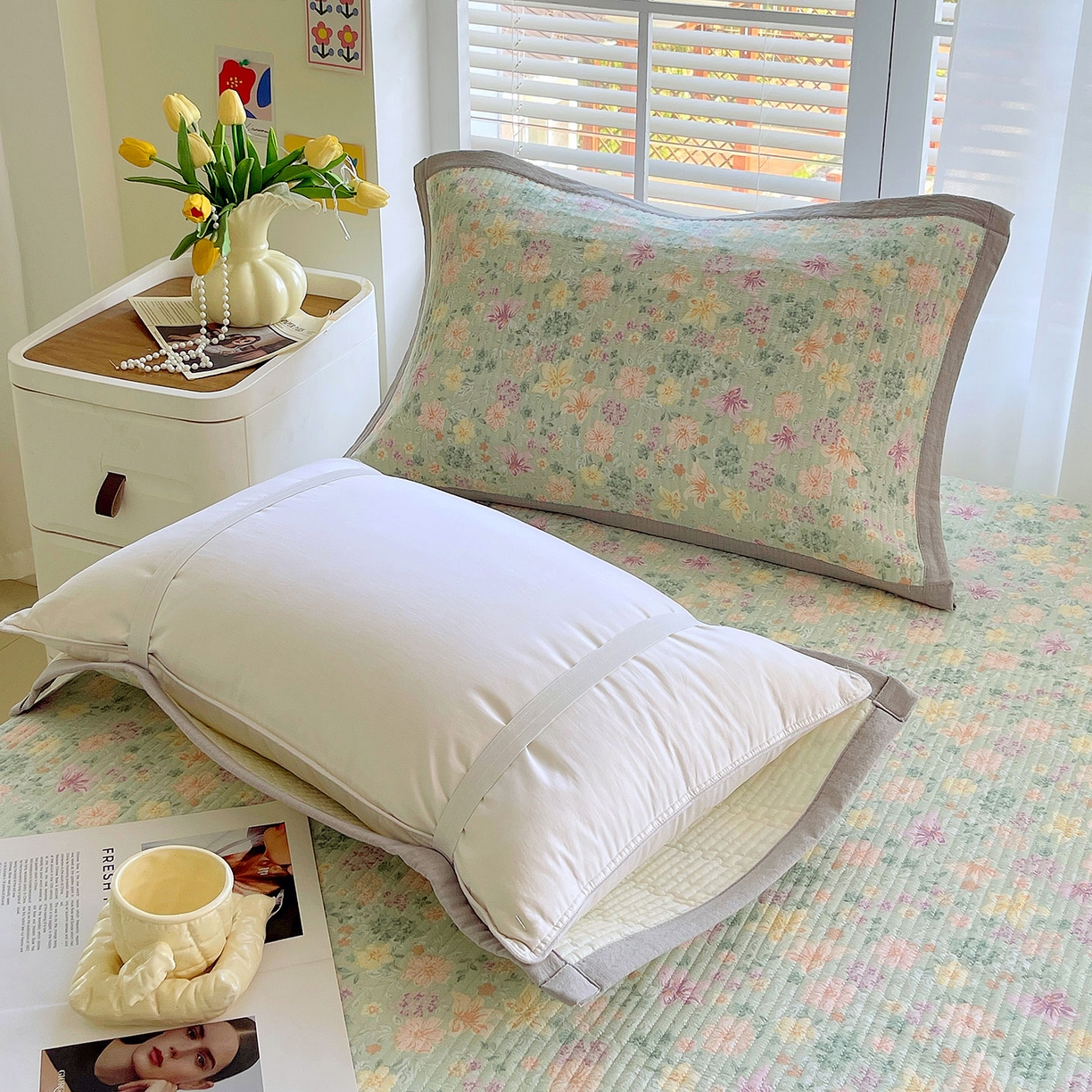 91家纺网 家纺一手货源 找家纺 雨彤家纺 2025新款A类双层纱夹棉单人枕巾 浅若花落