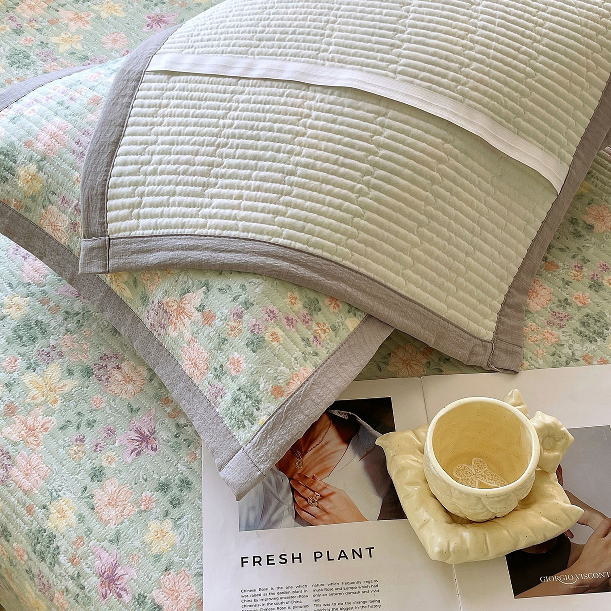 91家纺网 家纺一手货源 找家纺 雨彤家纺 2025新款A类双层纱夹棉单人枕巾 浅若花落