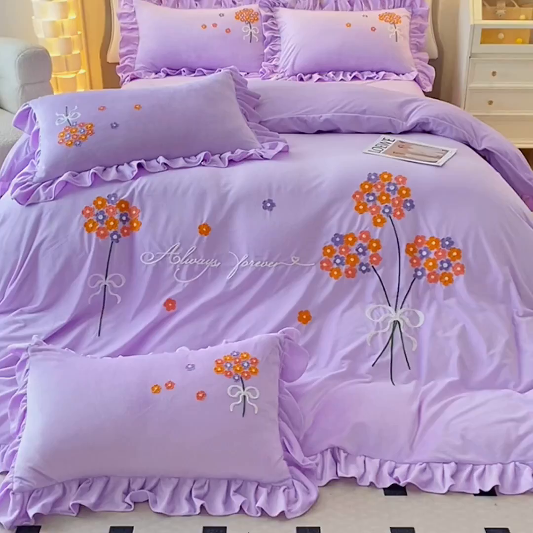 91家纺网 家纺一手货源 找家纺 唐人居 2025新款水晶绒毛巾绣四件套--幸福花开系列 幸福花开-紫色