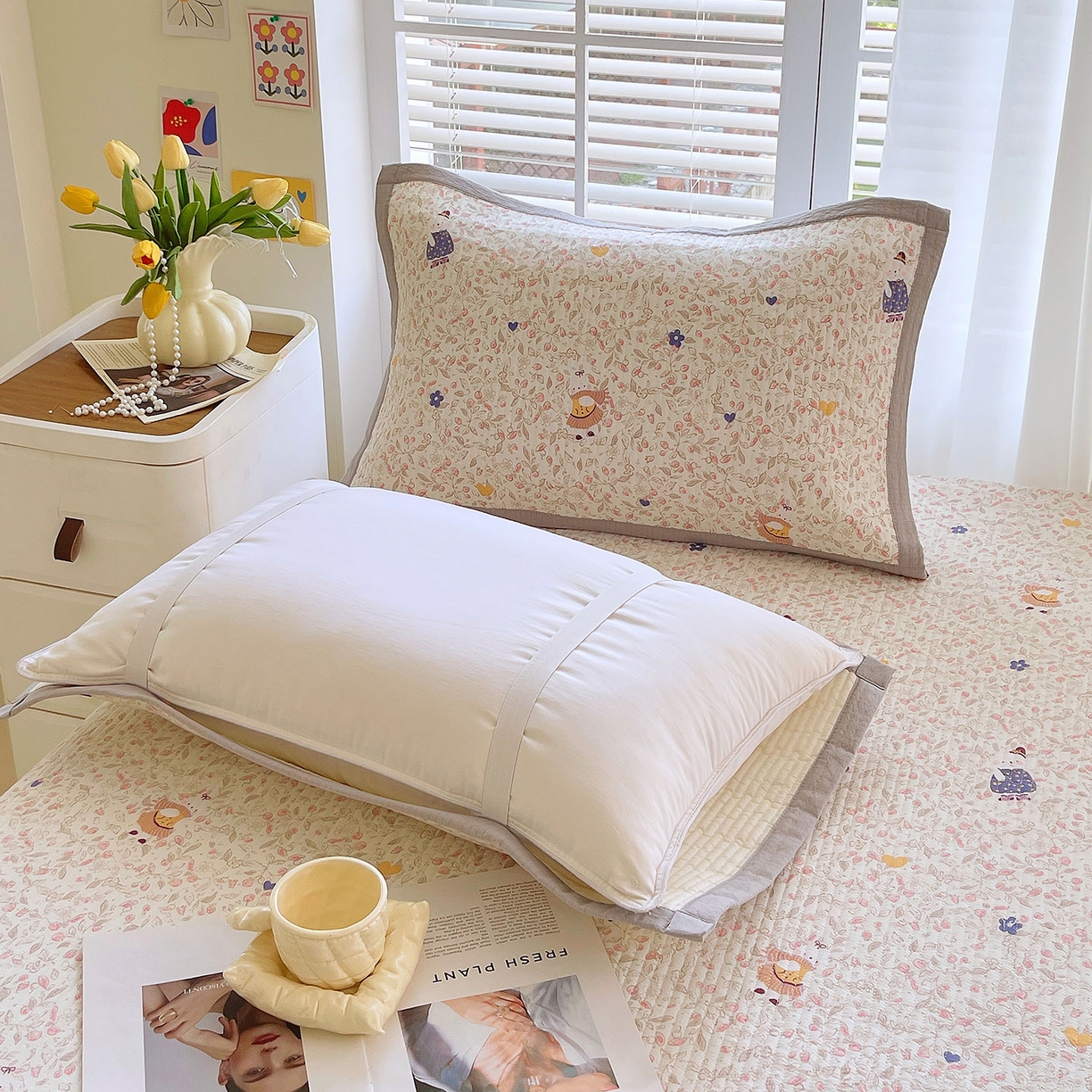 91家纺网 家纺一手货源 找家纺 雨彤家纺 2025新款A类双层纱夹棉单人枕巾 萌萌哒