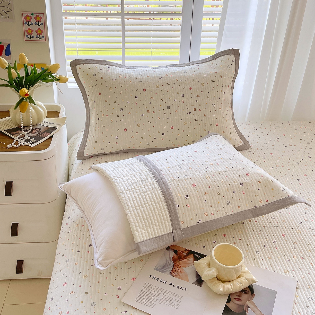 91家纺网 家纺一手货源 找家纺 雨彤家纺 2025新款A类双层纱夹棉单人枕巾 小确幸