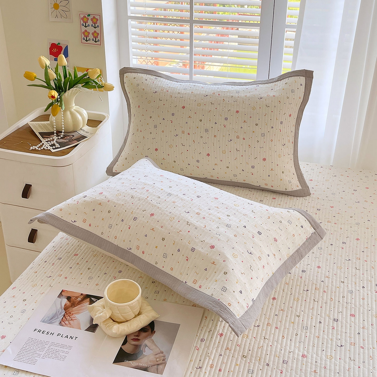 91家纺网 家纺一手货源 找家纺 雨彤家纺 2025新款A类双层纱夹棉单人枕巾 小确幸