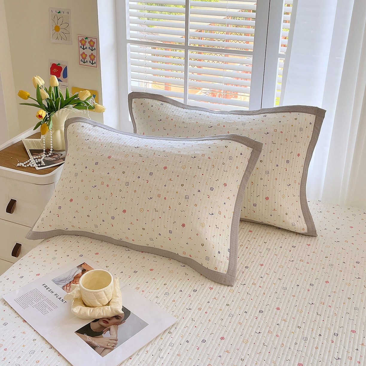 91家纺网 家纺一手货源 找家纺 雨彤家纺 2025新款A类双层纱夹棉单人枕巾 小确幸