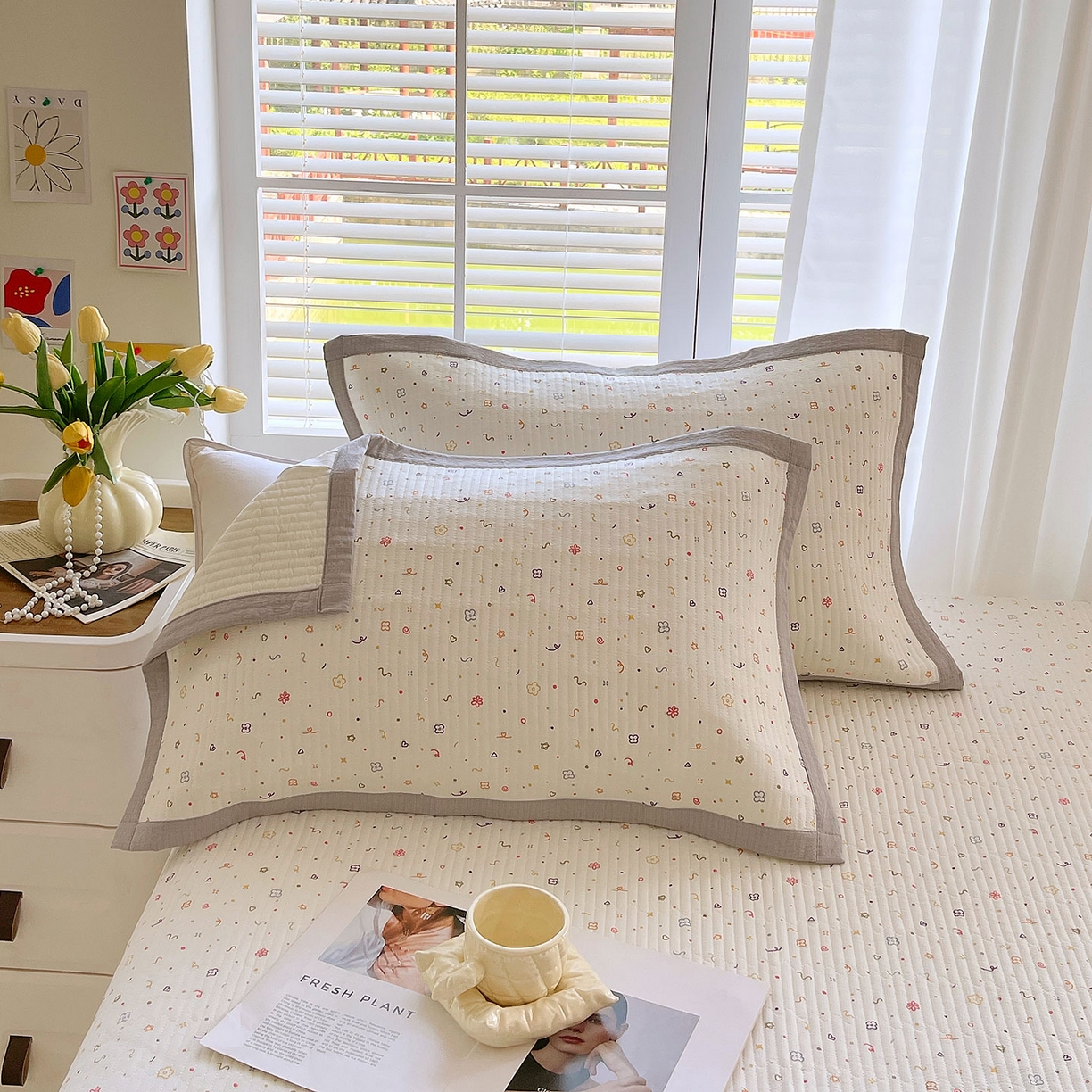 91家纺网 家纺一手货源 找家纺 雨彤家纺 2025新款A类双层纱夹棉单人枕巾 小确幸