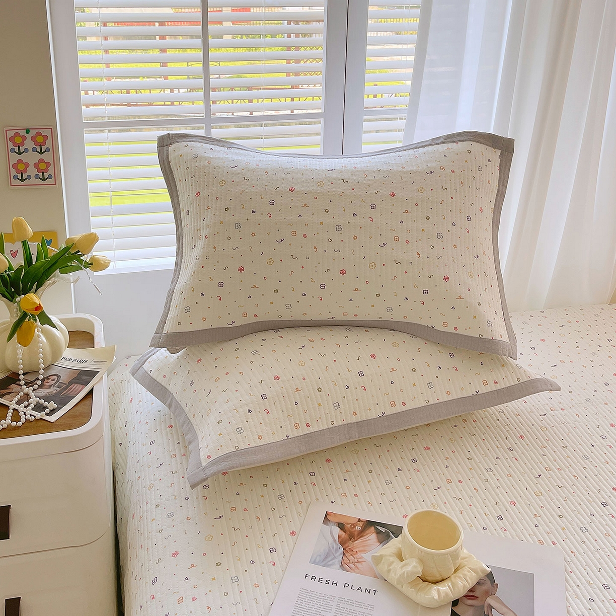 91家纺网 家纺一手货源 找家纺 雨彤家纺 2025新款A类双层纱夹棉单人枕巾 小确幸