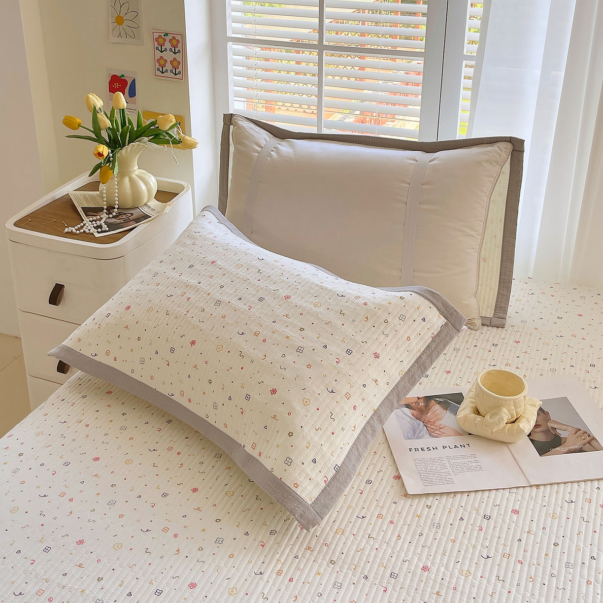 91家纺网 家纺一手货源 找家纺 雨彤家纺 2025新款A类双层纱夹棉单人枕巾 小确幸