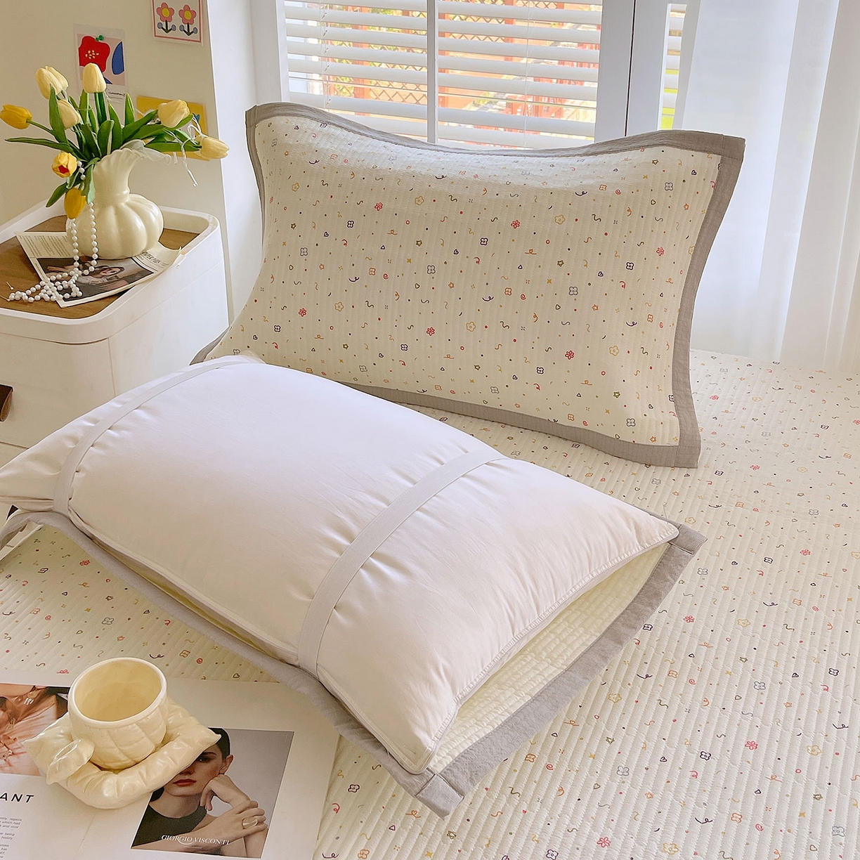 91家纺网 家纺一手货源 找家纺 雨彤家纺 2025新款A类双层纱夹棉单人枕巾 小确幸