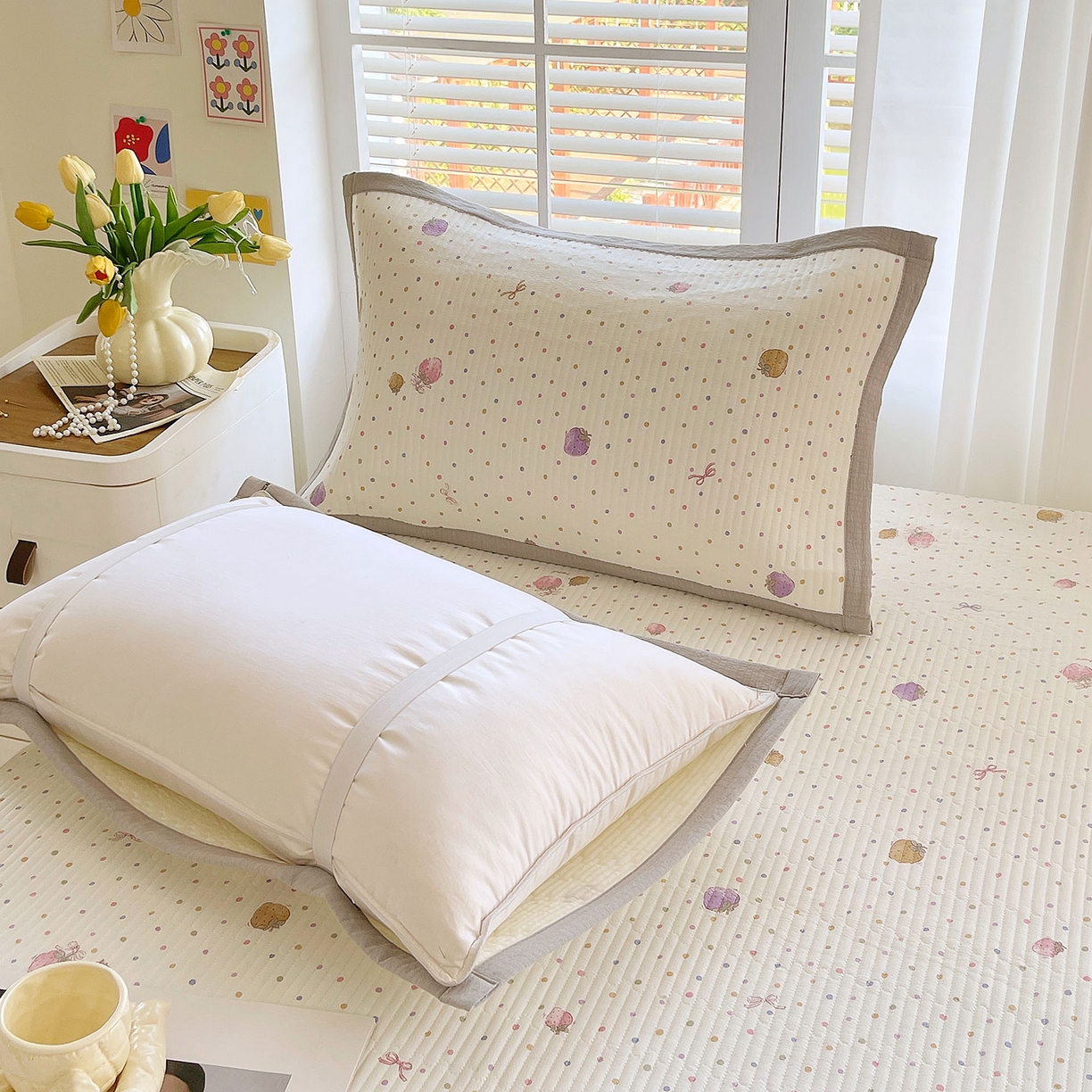 91家纺网 家纺一手货源 找家纺 雨彤家纺 2025新款A类双层纱夹棉单人枕巾 点点莓果