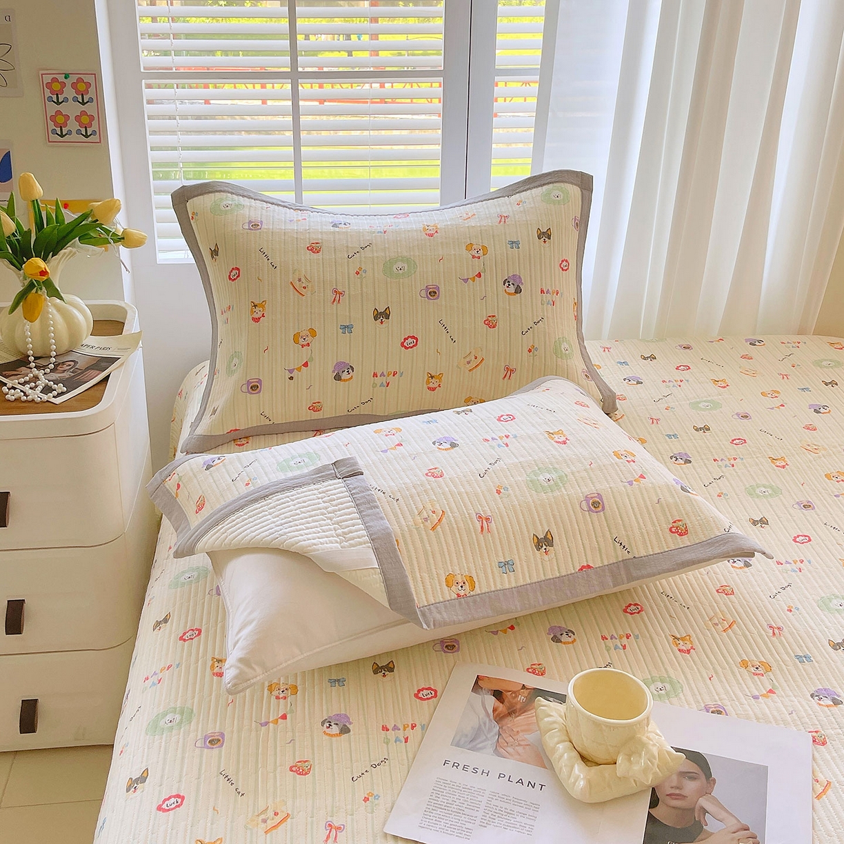 91家纺网 家纺一手货源 找家纺 雨彤家纺 2025新款A类双层纱夹棉单人枕巾 童趣涂鸦