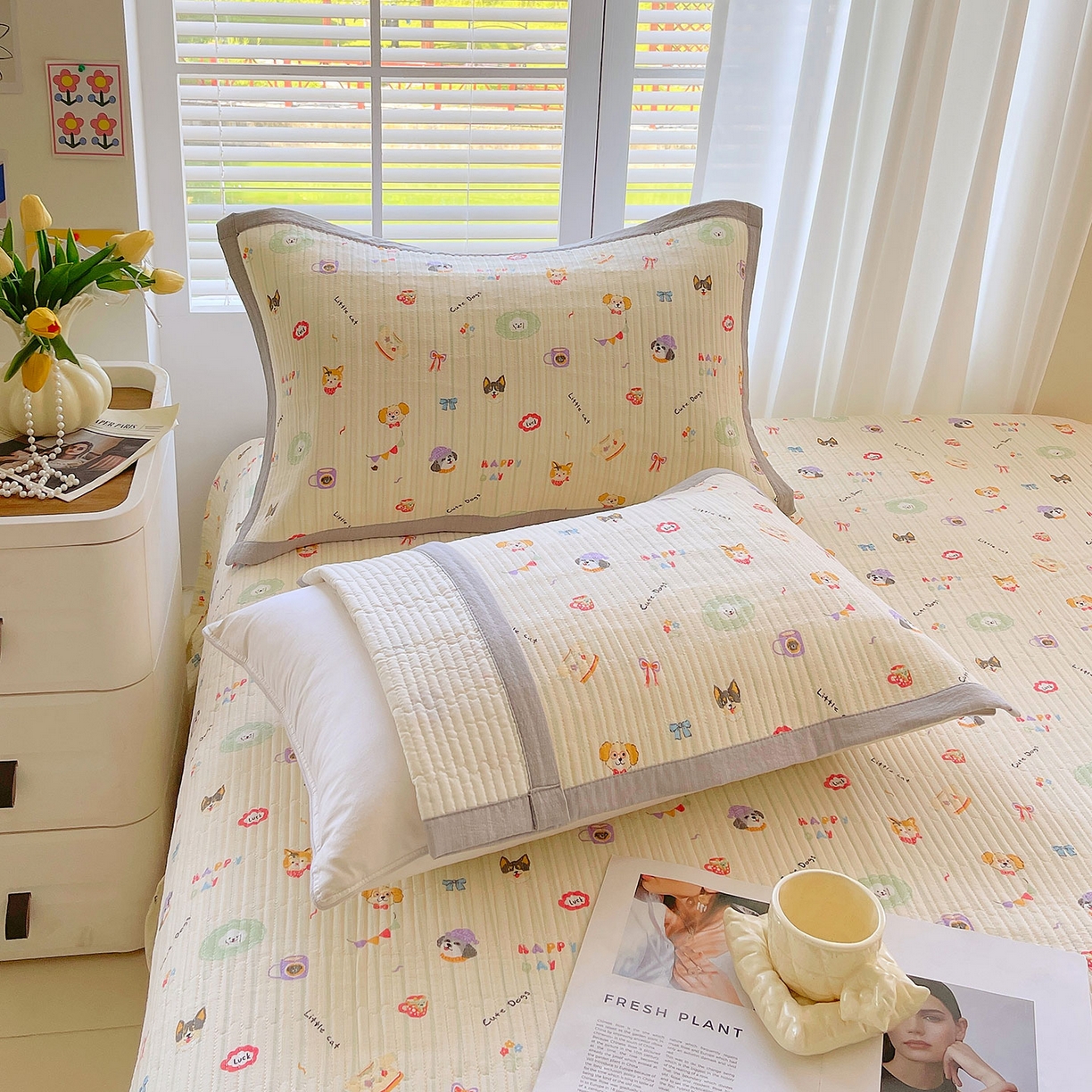 91家纺网 家纺一手货源 找家纺 雨彤家纺 2025新款A类双层纱夹棉单人枕巾 童趣涂鸦