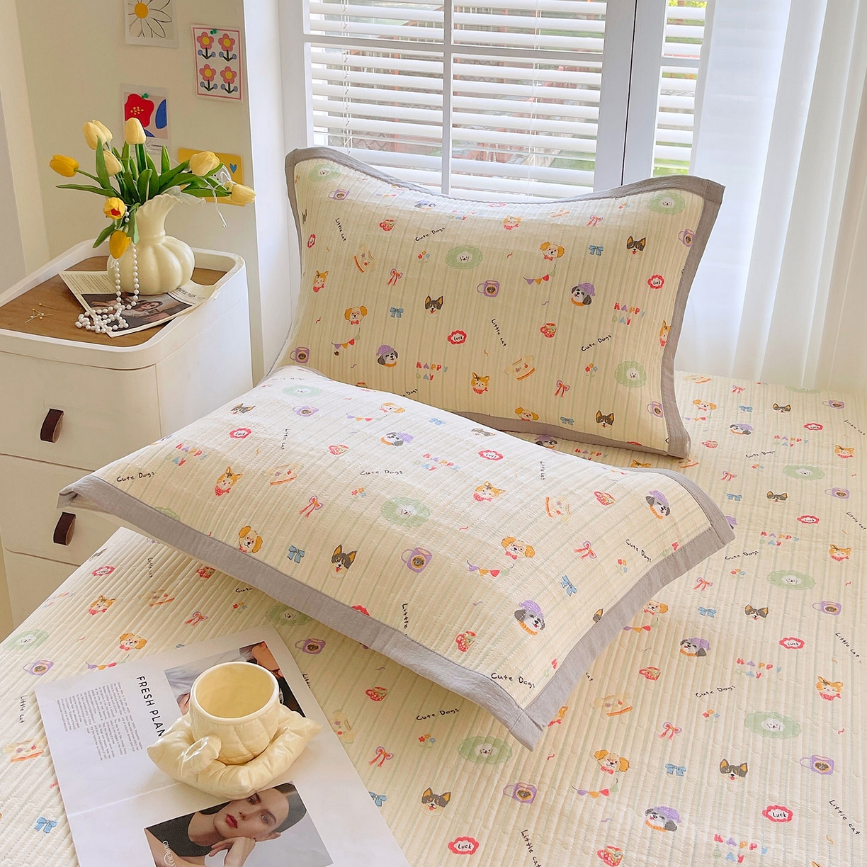 91家纺网 家纺一手货源 找家纺 雨彤家纺 2025新款A类双层纱夹棉单人枕巾 童趣涂鸦