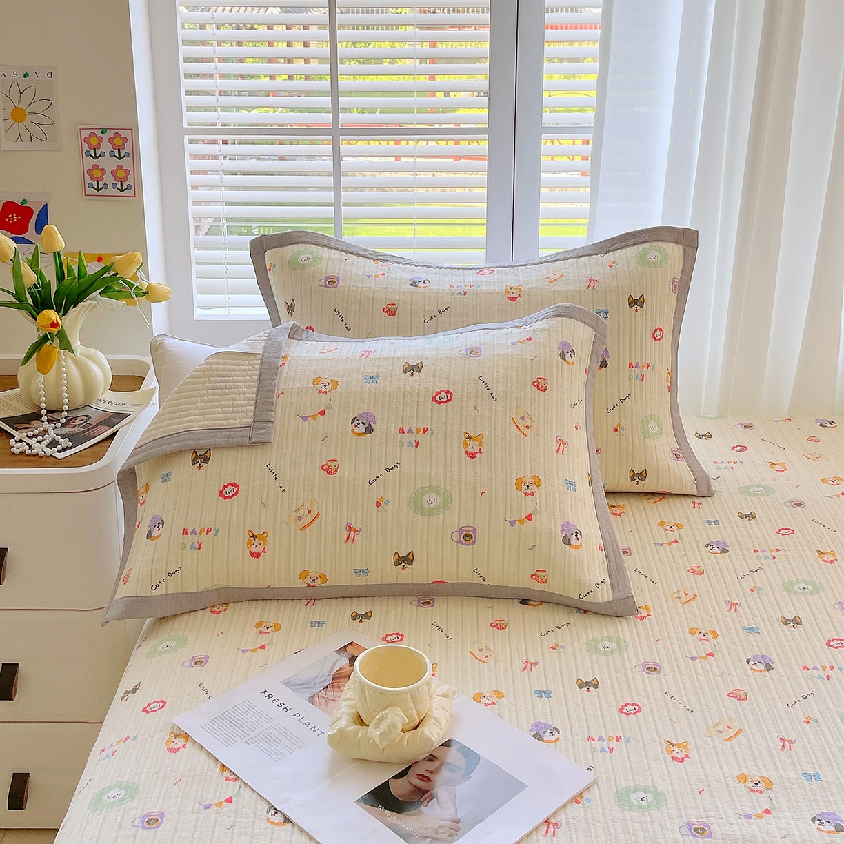 91家纺网 家纺一手货源 找家纺 雨彤家纺 2025新款A类双层纱夹棉单人枕巾 童趣涂鸦