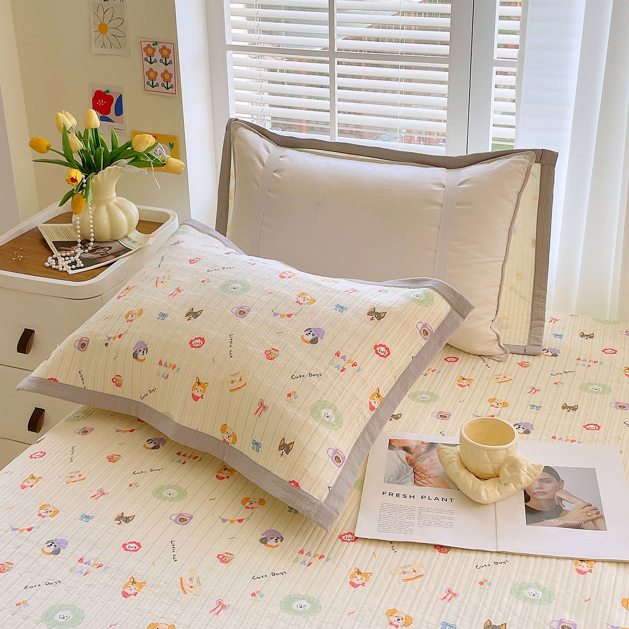 91家纺网 家纺一手货源 找家纺 雨彤家纺 2025新款A类双层纱夹棉单人枕巾 童趣涂鸦