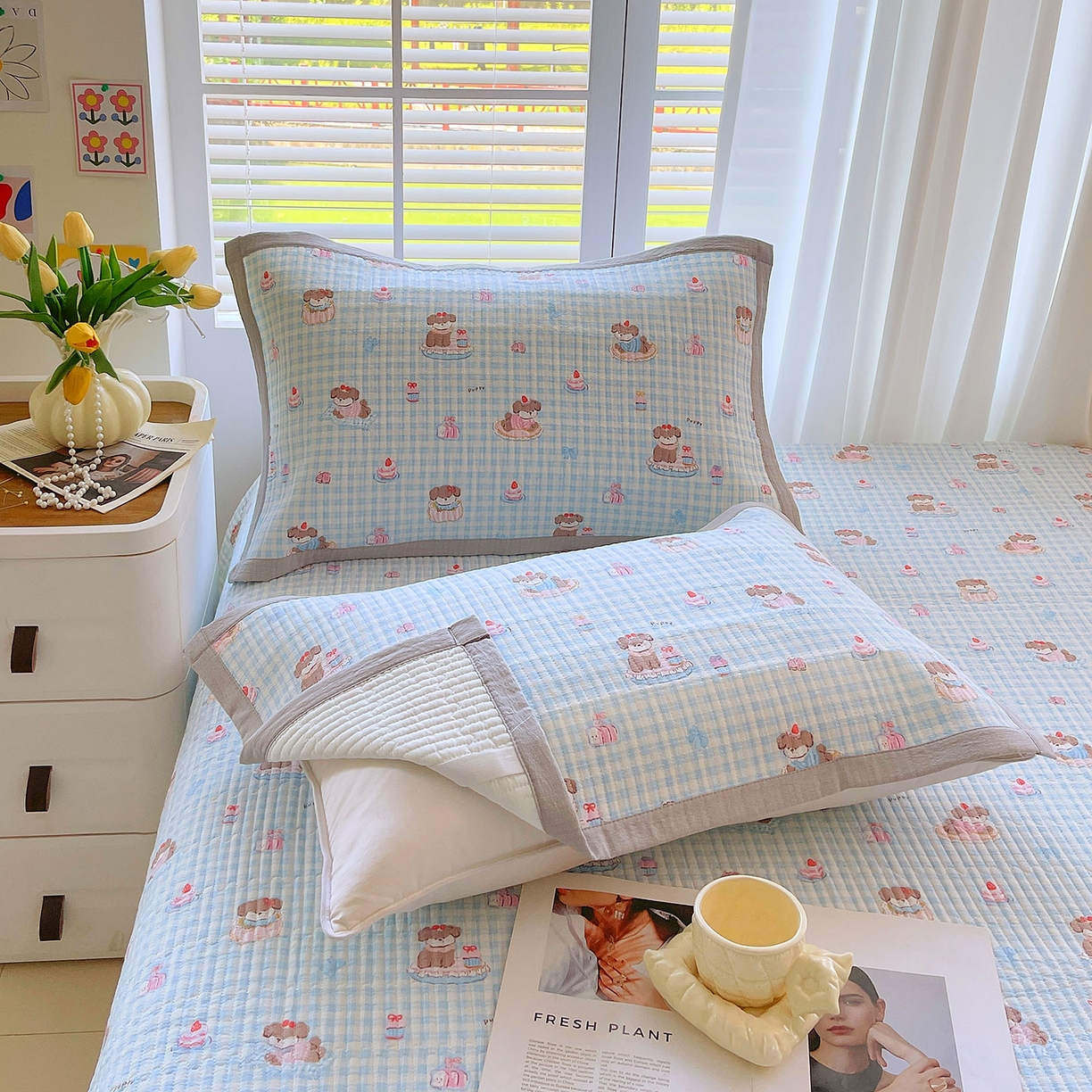 91家纺网 家纺一手货源 找家纺 雨彤家纺 2025新款A类双层纱夹棉单人枕巾 淘气狗