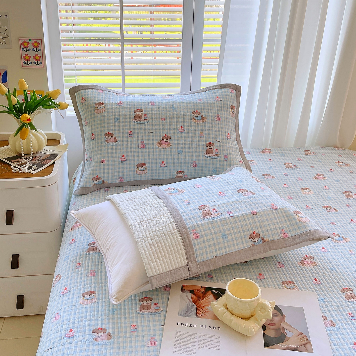 91家纺网 家纺一手货源 找家纺 雨彤家纺 2025新款A类双层纱夹棉单人枕巾 淘气狗