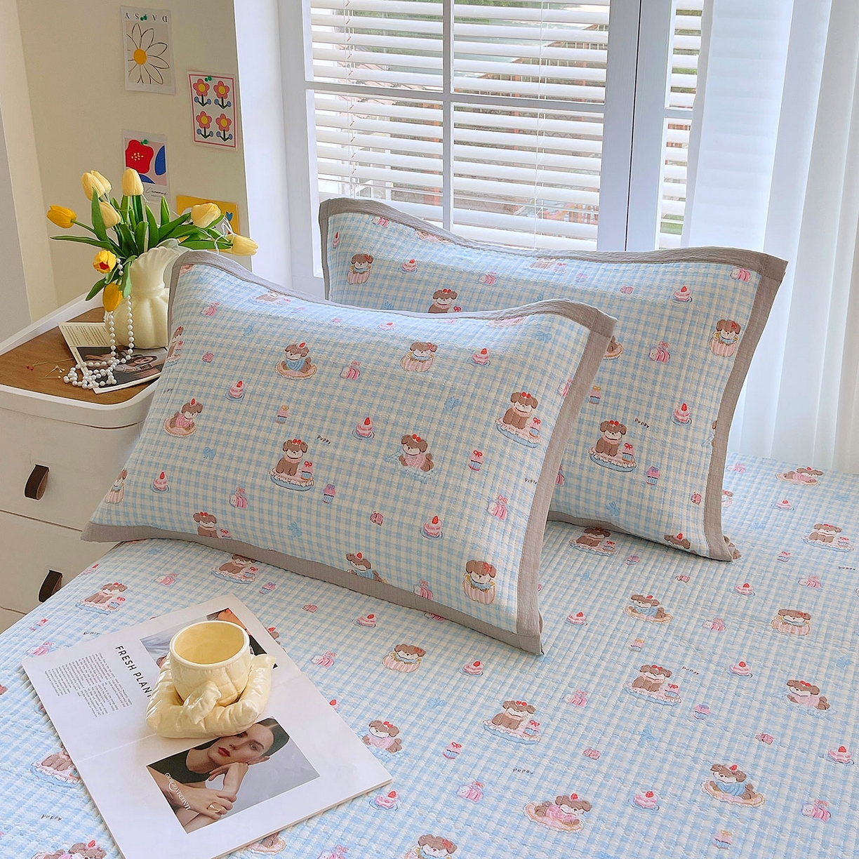 91家纺网 家纺一手货源 找家纺 雨彤家纺 2025新款A类双层纱夹棉单人枕巾 淘气狗