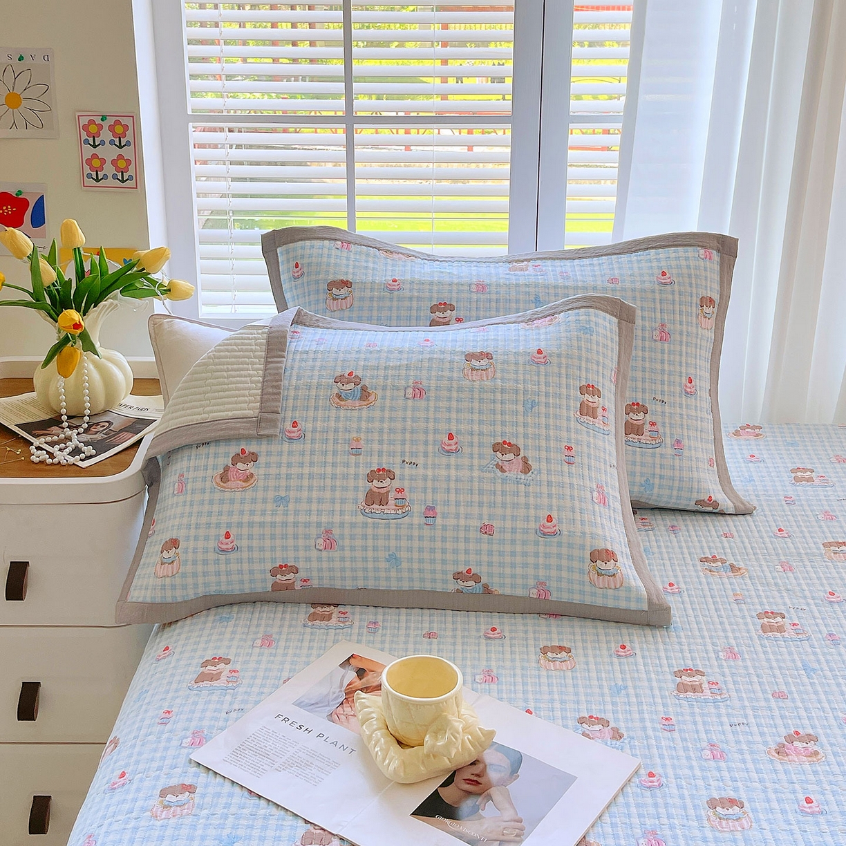 91家纺网 家纺一手货源 找家纺 雨彤家纺 2025新款A类双层纱夹棉单人枕巾 淘气狗