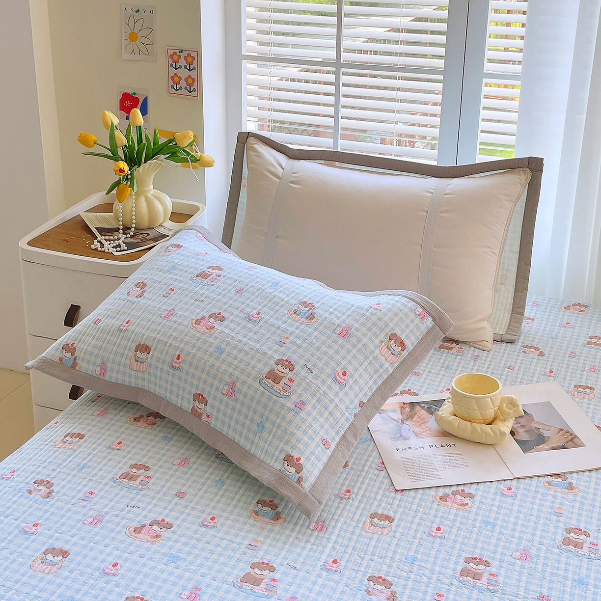 91家纺网 家纺一手货源 找家纺 雨彤家纺 2025新款A类双层纱夹棉单人枕巾 淘气狗