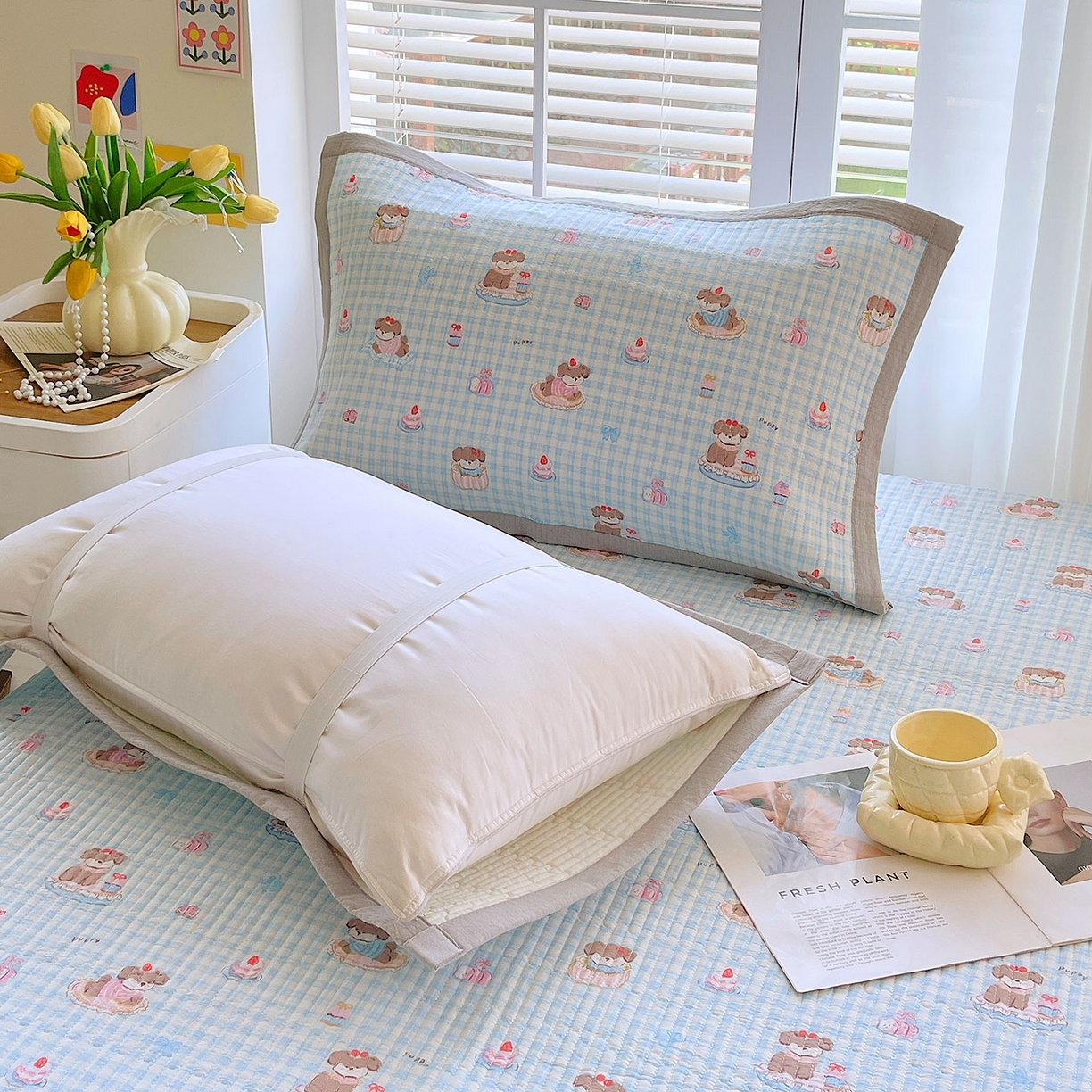 91家纺网 家纺一手货源 找家纺 雨彤家纺 2025新款A类双层纱夹棉单人枕巾 淘气狗