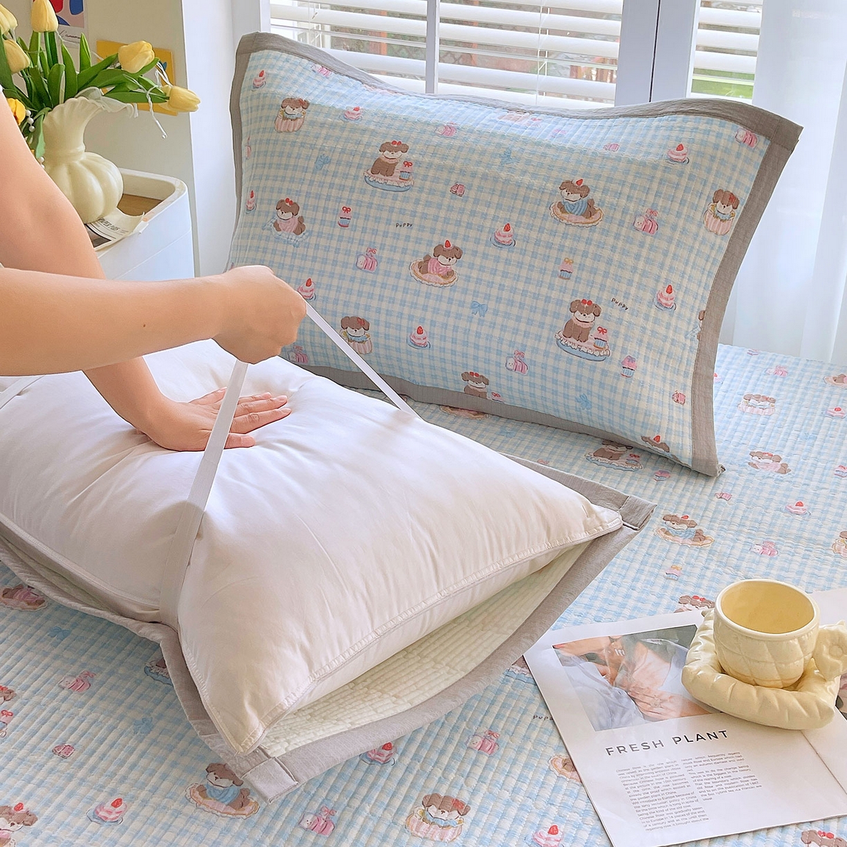 91家纺网 家纺一手货源 找家纺 雨彤家纺 2025新款A类双层纱夹棉单人枕巾 淘气狗