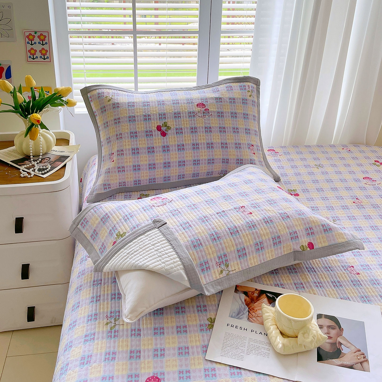 91家纺网 家纺一手货源 找家纺 雨彤家纺 2025新款A类双层纱夹棉单人枕巾 森田原野