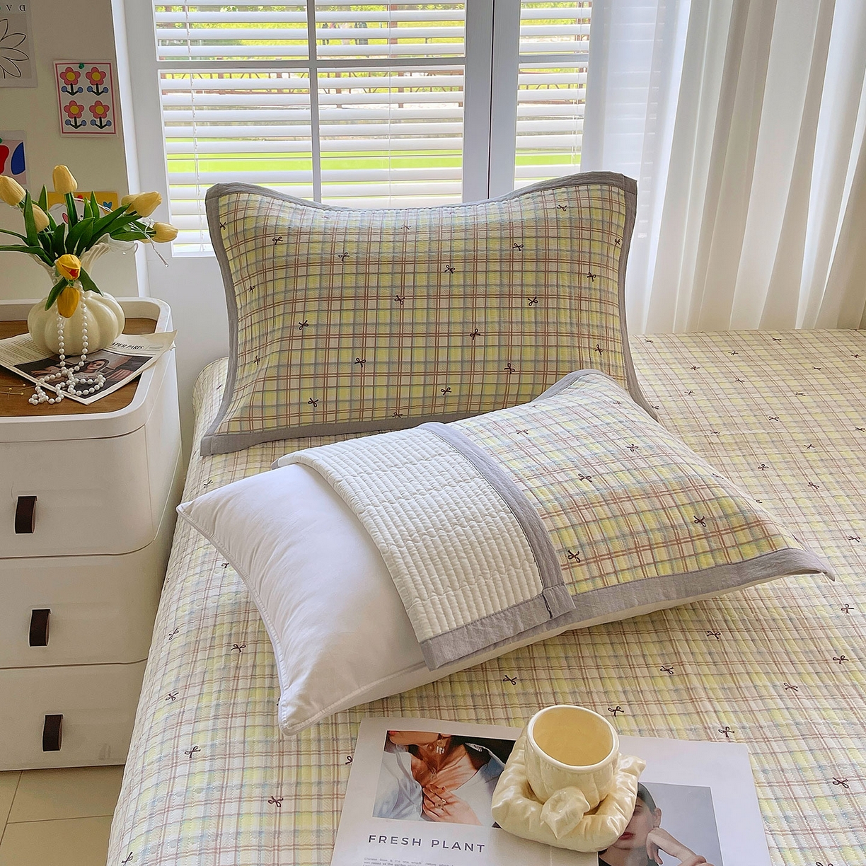 91家纺网 家纺一手货源 找家纺 雨彤家纺 2025新款A类双层纱夹棉单人枕巾 格调蝴蝶结