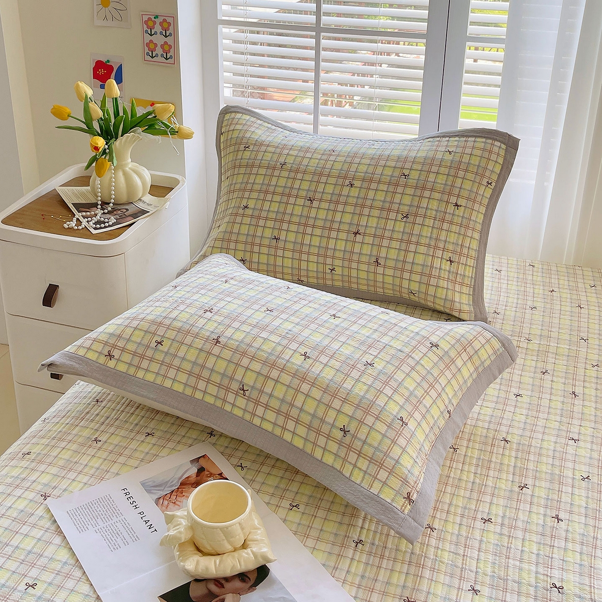 91家纺网 家纺一手货源 找家纺 雨彤家纺 2025新款A类双层纱夹棉单人枕巾 格调蝴蝶结