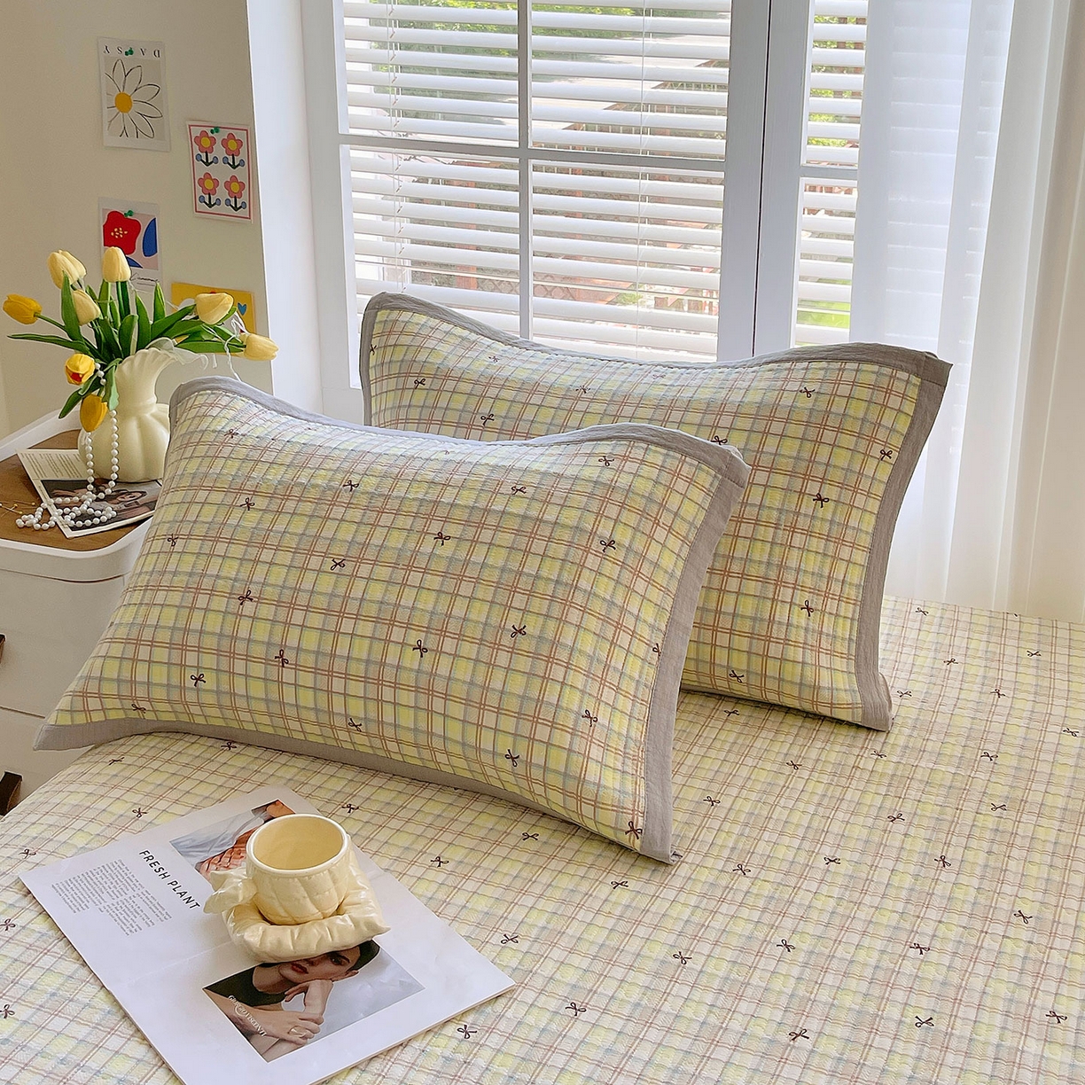 91家纺网 家纺一手货源 找家纺 雨彤家纺 2025新款A类双层纱夹棉单人枕巾 格调蝴蝶结