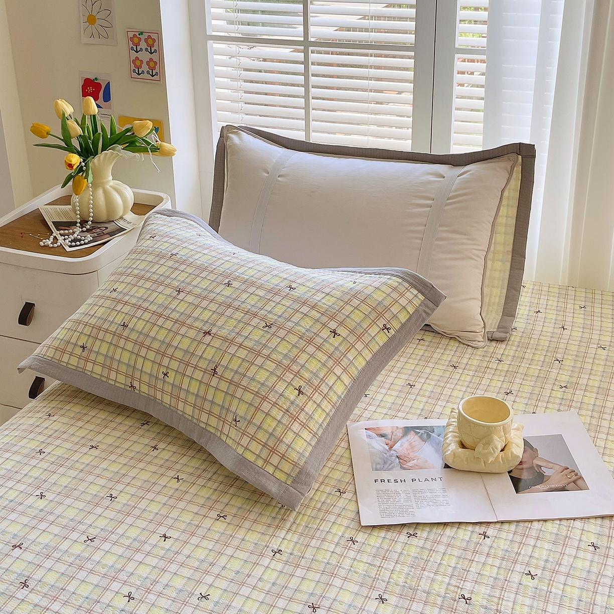 91家纺网 家纺一手货源 找家纺 雨彤家纺 2025新款A类双层纱夹棉单人枕巾 格调蝴蝶结