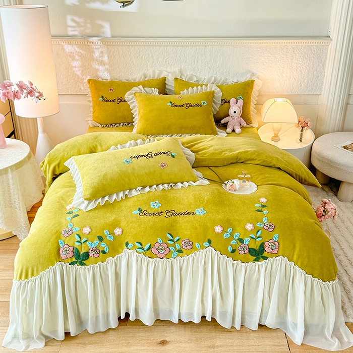 91家纺网 家纺一手货源 找家纺 唐人居 2025新款高克重牛奶绒毛巾绣四件套--繁花 繁花-黄色