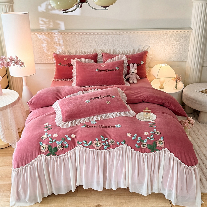 91家纺网 家纺一手货源 找家纺 唐人居 2025新款高克重牛奶绒毛巾绣四件套--繁花 繁花-深豆沙