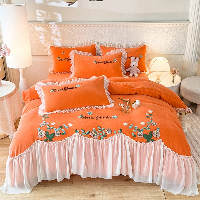 唐人居 2025新款高克重牛奶绒毛巾绣四件套--繁花 繁花-橘橙