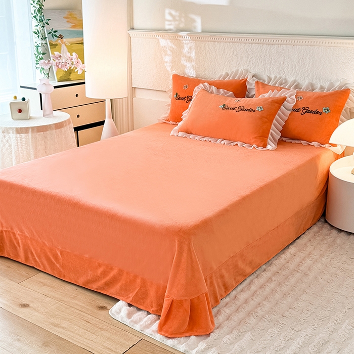 91家纺网 家纺一手货源 找家纺 唐人居 2025新款高克重牛奶绒毛巾绣四件套--繁花 繁花-橘橙