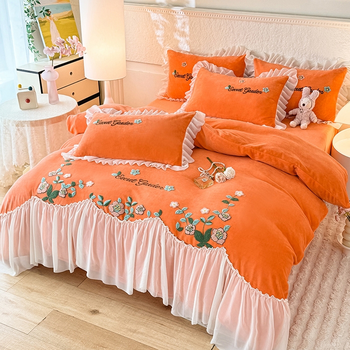 91家纺网 家纺一手货源 找家纺 唐人居 2025新款高克重牛奶绒毛巾绣四件套--繁花 繁花-橘橙