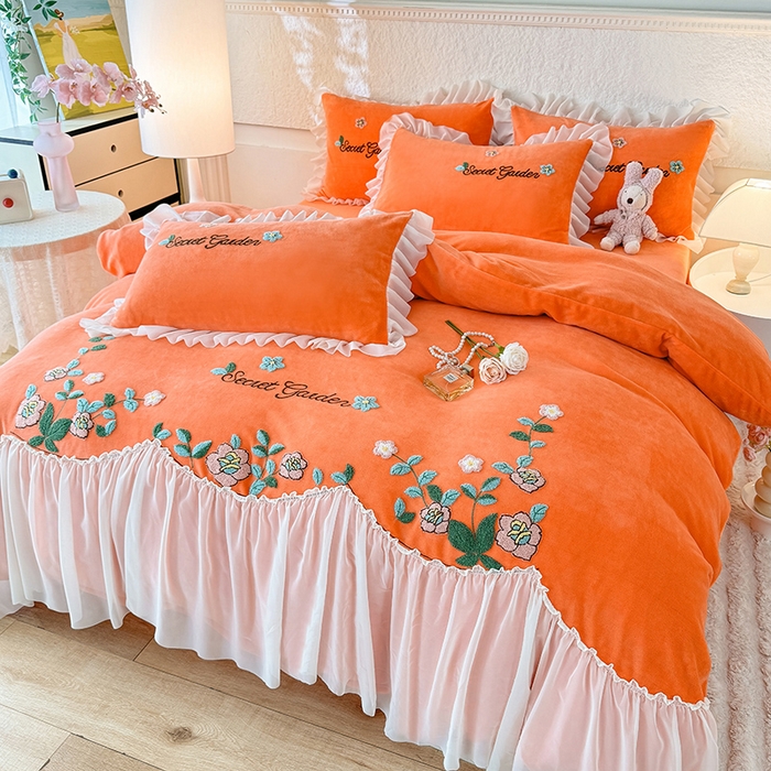 91家纺网 家纺一手货源 找家纺 唐人居 2025新款高克重牛奶绒毛巾绣四件套--繁花 繁花-橘橙