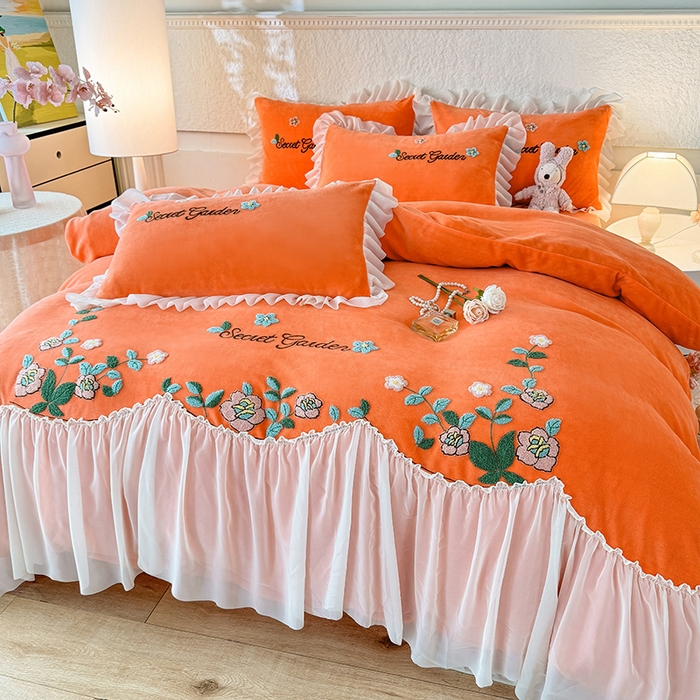 91家纺网 家纺一手货源 找家纺 唐人居 2025新款高克重牛奶绒毛巾绣四件套--繁花 繁花-橘橙