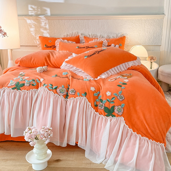 91家纺网 家纺一手货源 找家纺 唐人居 2025新款高克重牛奶绒毛巾绣四件套--繁花 繁花-橘橙